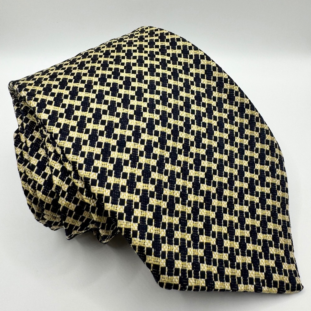 Ermenegildo Zegna Mens Silk Tie Geometric Luxury Woven Navy Blue Yellow Italy